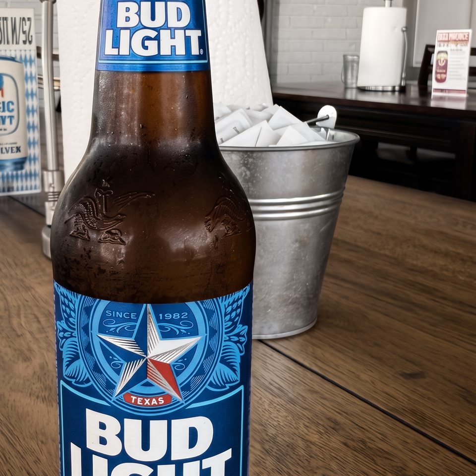 Cold Bud Light bottle on a wooden table with napkins and paper towels in the background.