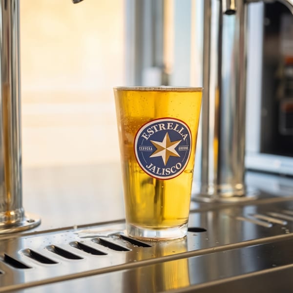 Estrella Jalisco beer in a glass on a wet bar drip tray.